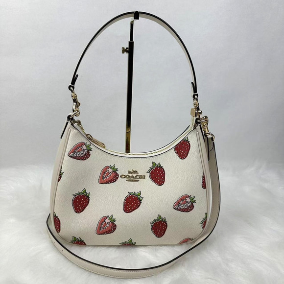 Coach Teri Hobo Bag With Strawberry Print Shoulder/Crossbody In Gold/Chalk CAL67 - Picture 1 of 12